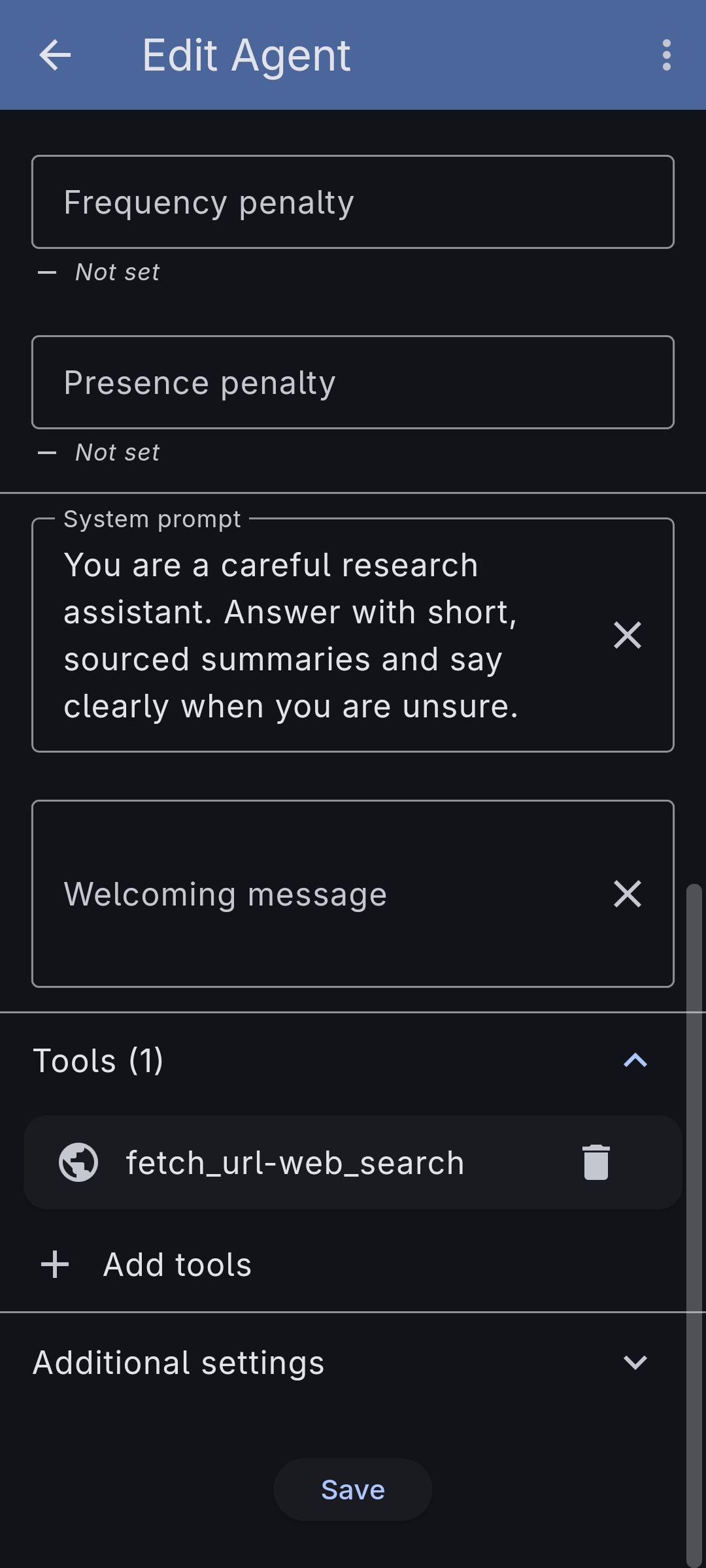 A Fetch tool attached to an agent, shown in the agent form's Tools section