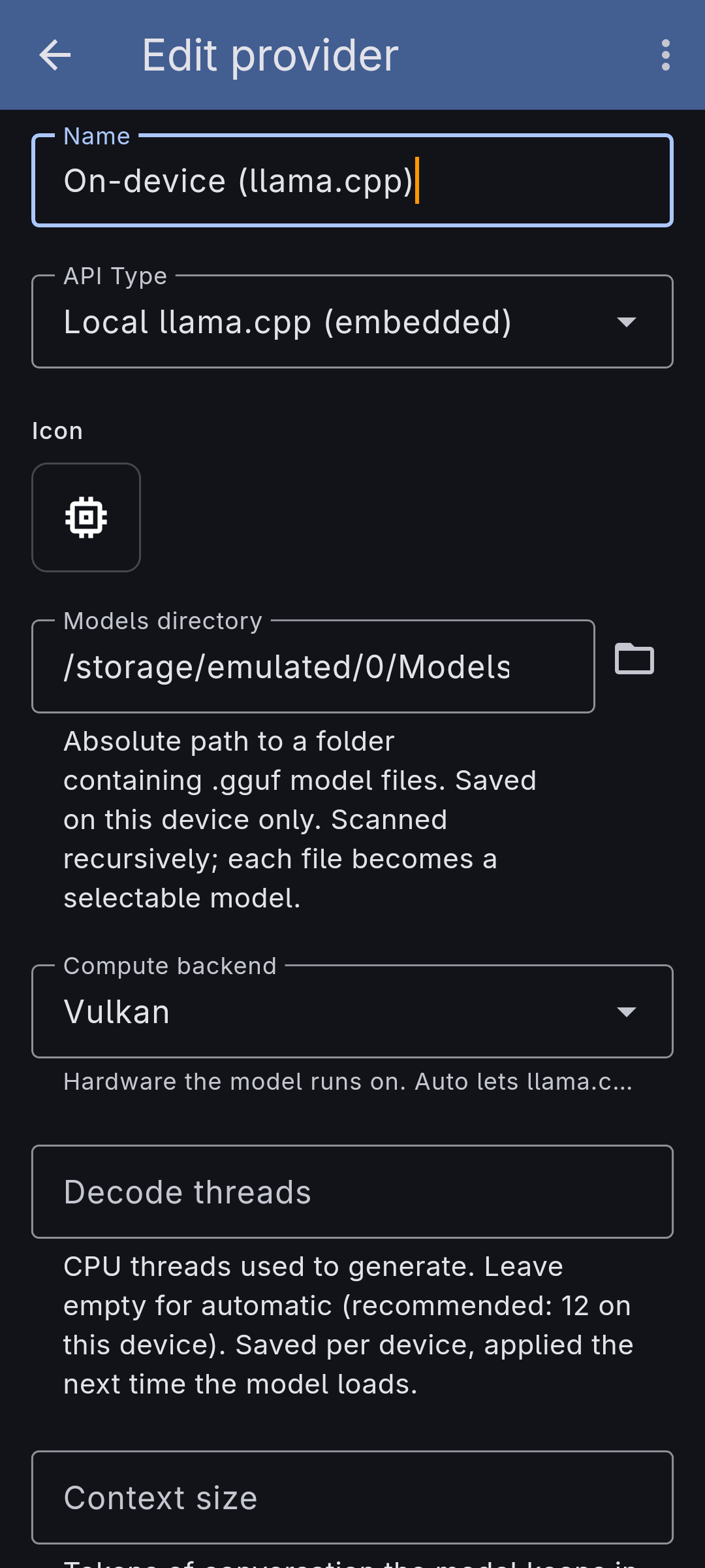 The embedded provider's form — a models-folder field and a compute backend, with no base URL or key