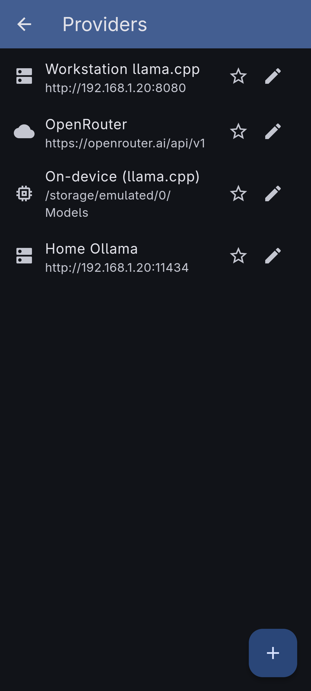 The Providers screen, where each backend is configured