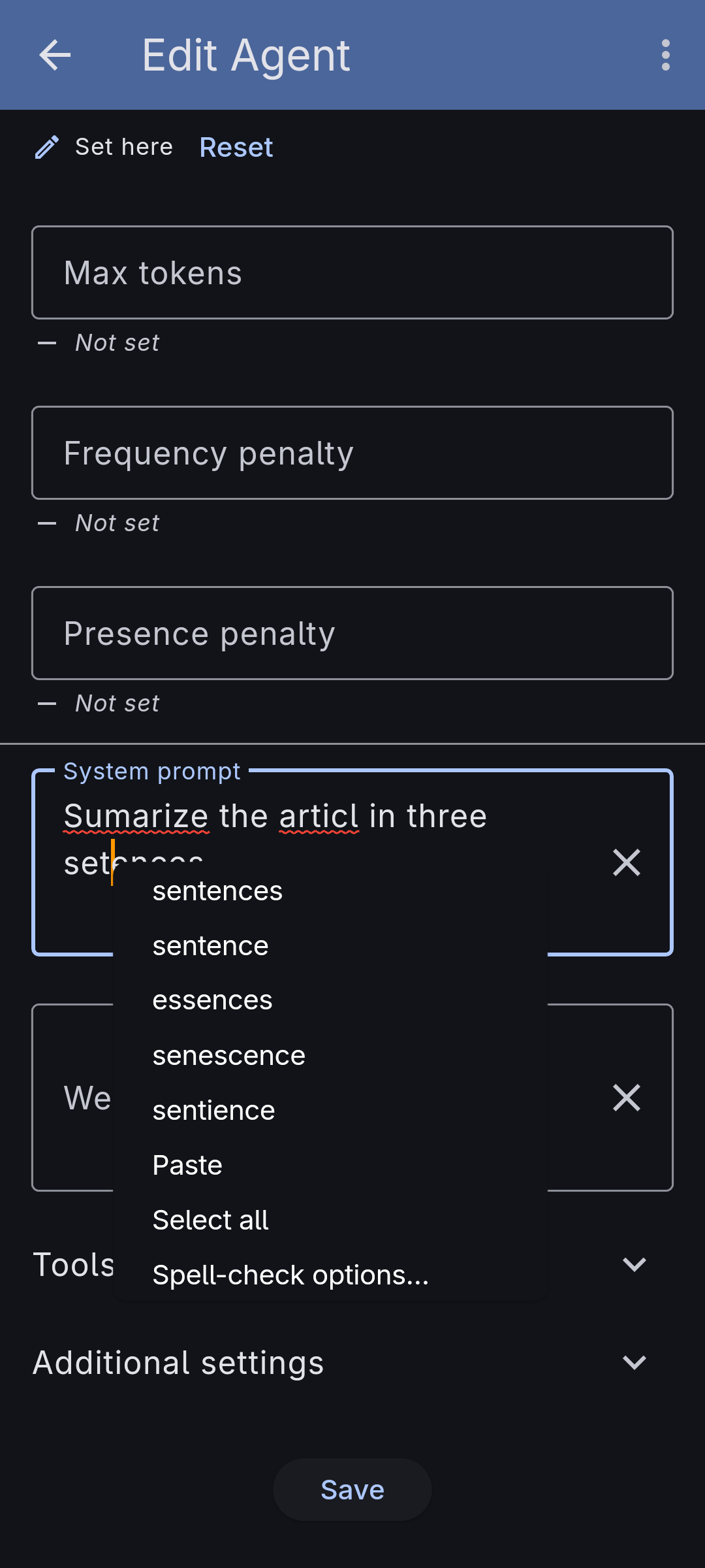 A prompt field with three misspelled words underlined in red; the context menu on the selected word lists replacement suggestions above the usual cut/copy and a "Spell-check options…" entry.